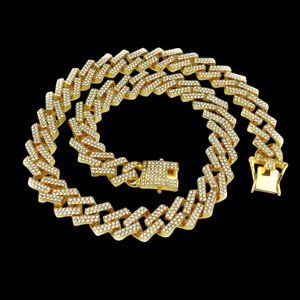 18K REAL GOLD PLATED ICED OUT CUBAN LINK NECKLACE BRACELET SET